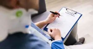 Person filling out slip and fall accident report on clipboard.